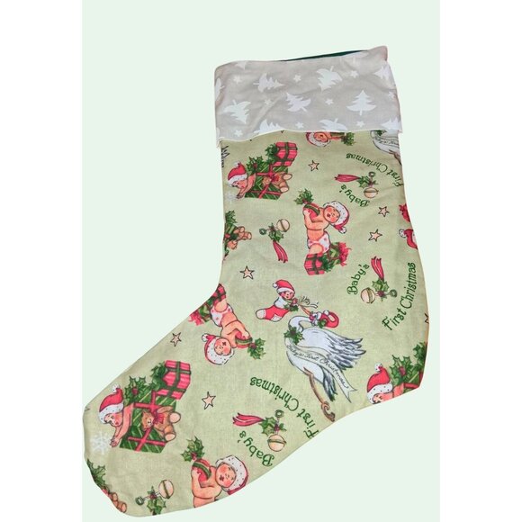 Babys First Christmas Stocking With Vintage-Inspired Print White Tree Cuff - Picture 4 of 7